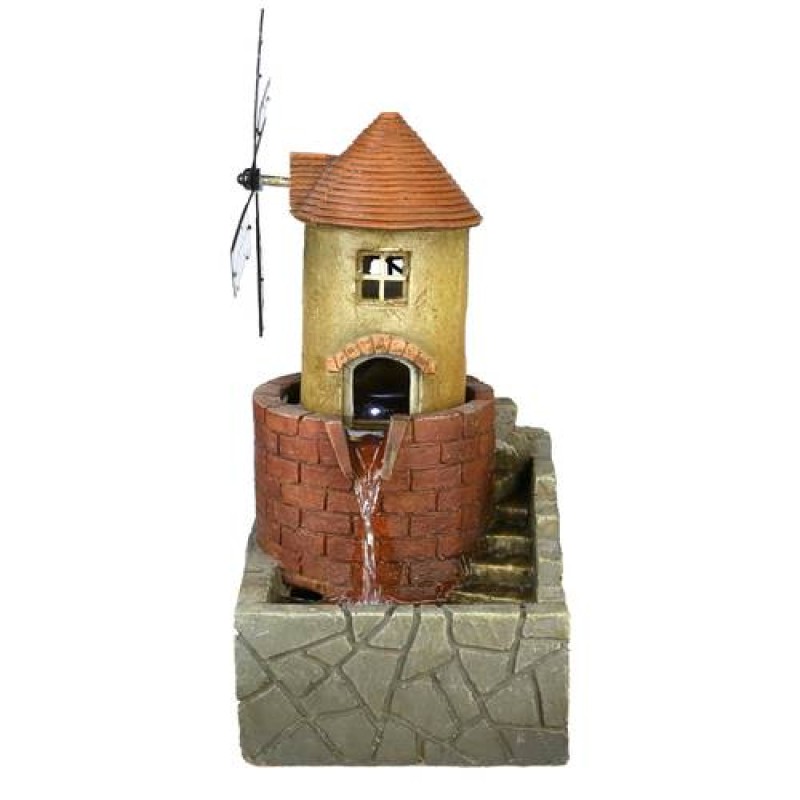 17.7”H Red Brick Lighthouse Windmill Tabletop Water Fountain w/ LED Lights