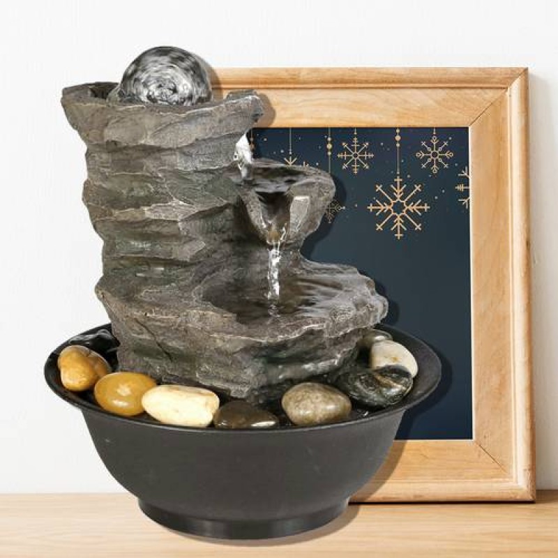 11.4in 3-Tier Tabletop Zen Fountain with Crystal Ball for Indoor Decoration