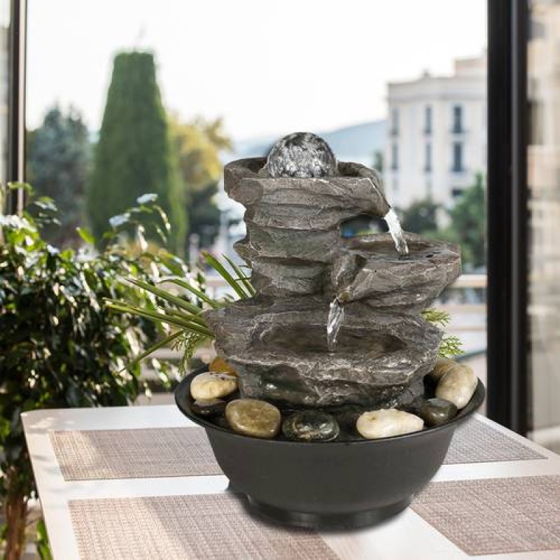 11.4in 3-Tier Tabletop Zen Fountain with Crystal Ball for Indoor Decoration
